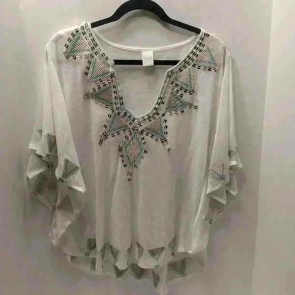 INC International Concepts Beach 100% Linen Turquoise/Gold Embroidered Top Sz L - Picture 2 of 7